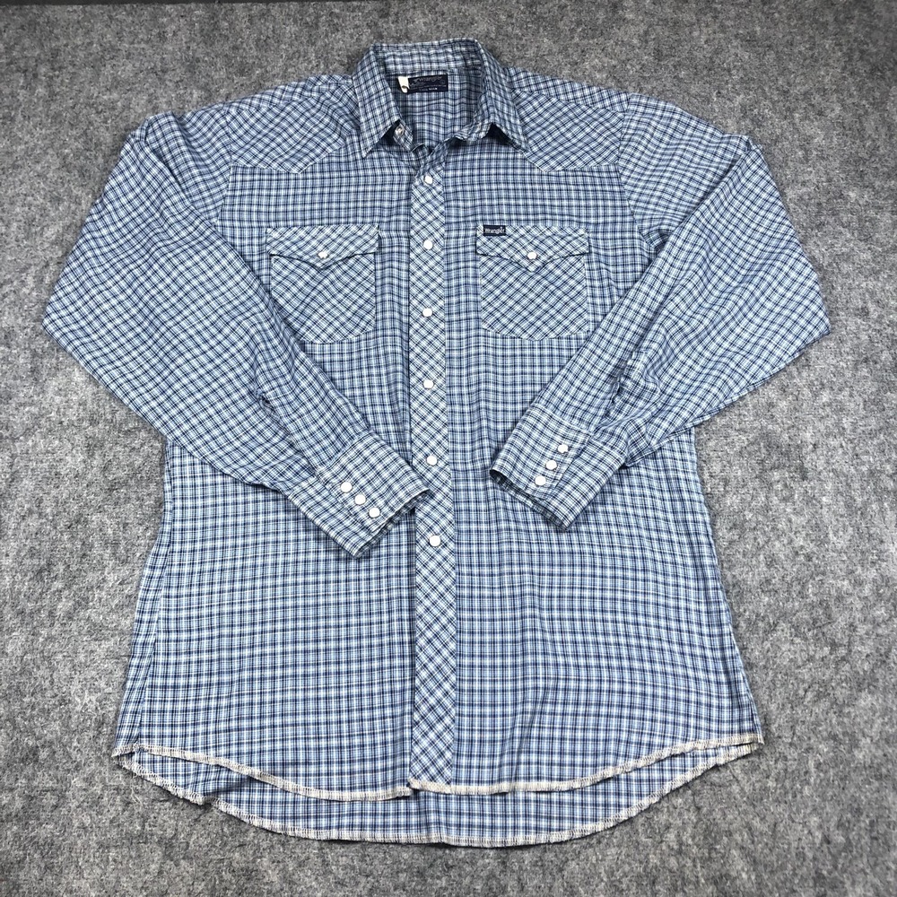 Vintage Wrangler Shirt Mens LT Blue Plaid Western Pearl Snap USA Tall Cowboy